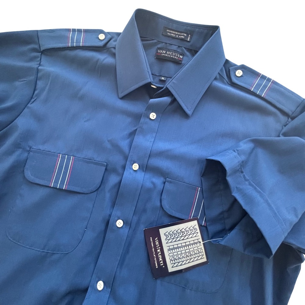 VTG Van Heusen Deadstock Utility Shirt Mens M Blue Epaulet Short Sleeve Retro 70